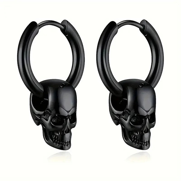 Boucles d'Oreilles Tête de Mort Style Punk & Biker Homme/Femme noir