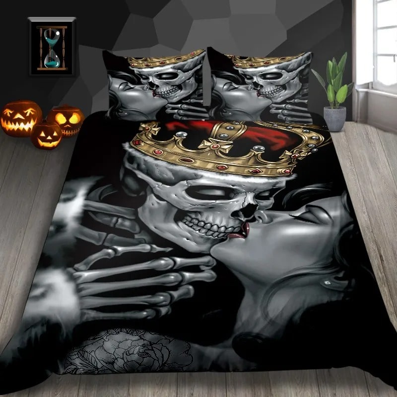 Housse De Couette 220x240 Cm Tête De Mort Gothique + 2 Taies 65x65 - Microfibre Douce - Halloween