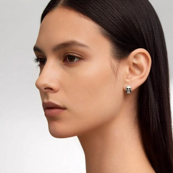 Boucles d'Oreilles Tête de Mort Crâne Lisse Argenté – vue 3