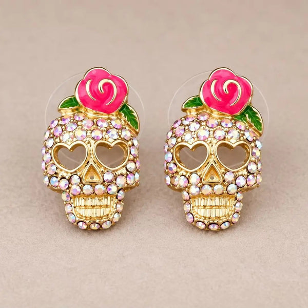 Boucles d'Oreilles Tête de Mort Rose et Strass – vue 1