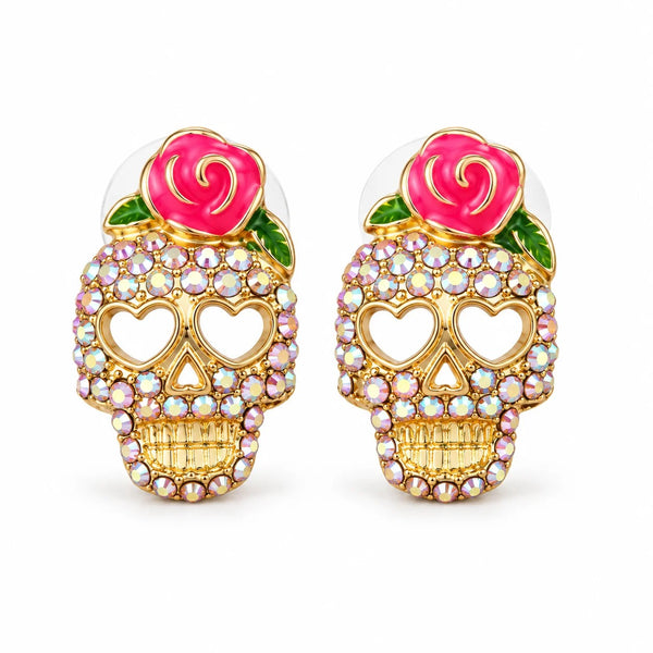 Boucles d'Oreilles Tête de Mort Rose et Strass – vue 7