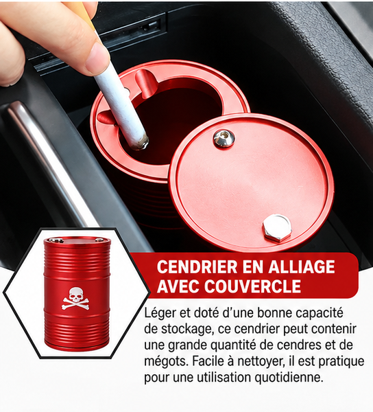 Cendrier tête de mort pour voiture en métal rouge avec couvercle rotatif ouvert et encoche pour cigarette