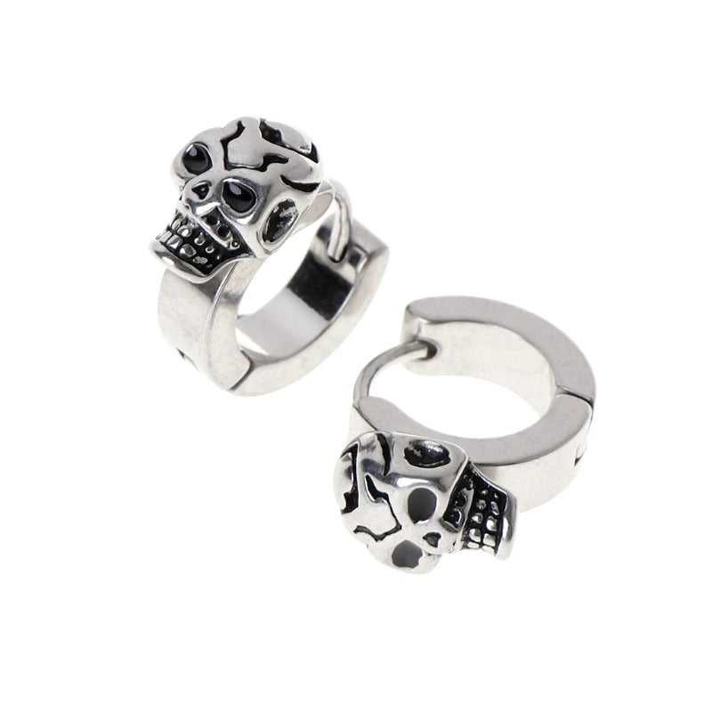 Boucles D'oreilles Homme Punk - Tête De Mort / Crâne - En Acier Inoxydable Avec Zircon - Couleur Noir Argenté - Avec Sac Cadeau