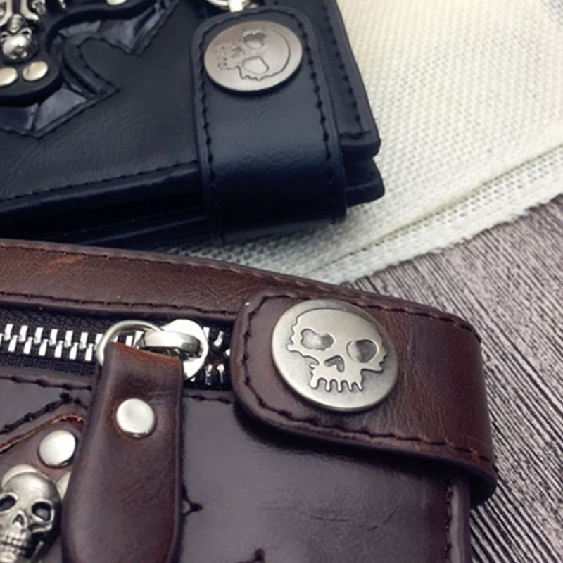 Portefeuille En Cuir Avec Chaîne Motif Tête De Mort - Noir - Pour Bikers - Neuf Avec étiquettes - Fabriqué Au Pakistan