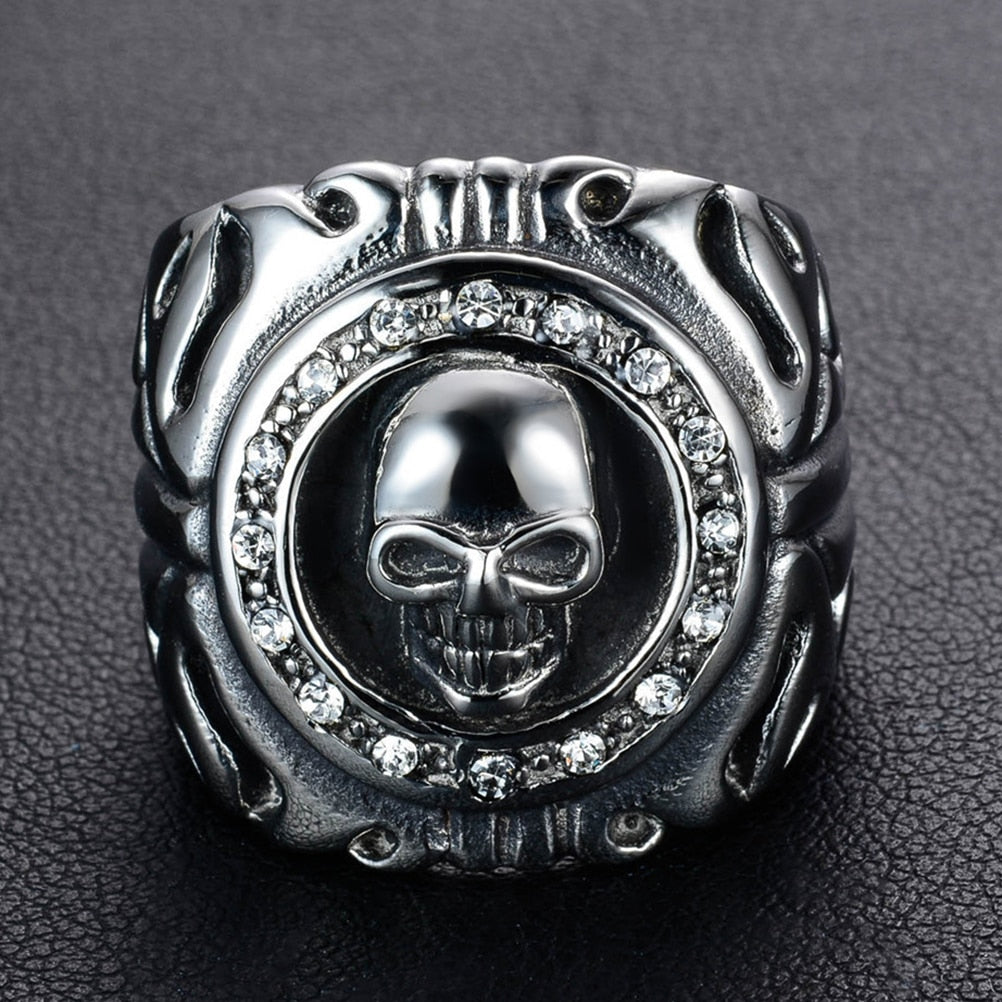 Bague Chevalière Homme En Acier Inoxydable Avec Crâne Et Yeux Rouges Strass - Style Hip-hop Punk