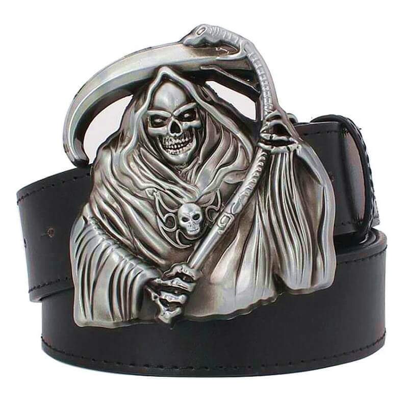 Boucle De Ceinture Gothique Tête De Mort Avec Pierre Noire – Altsilber, Environ 6x6 Cm