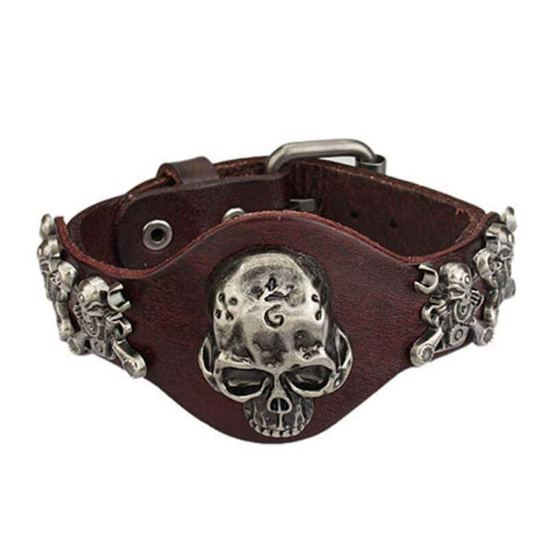 Bracelet Cuir Marron Tête de Mort 